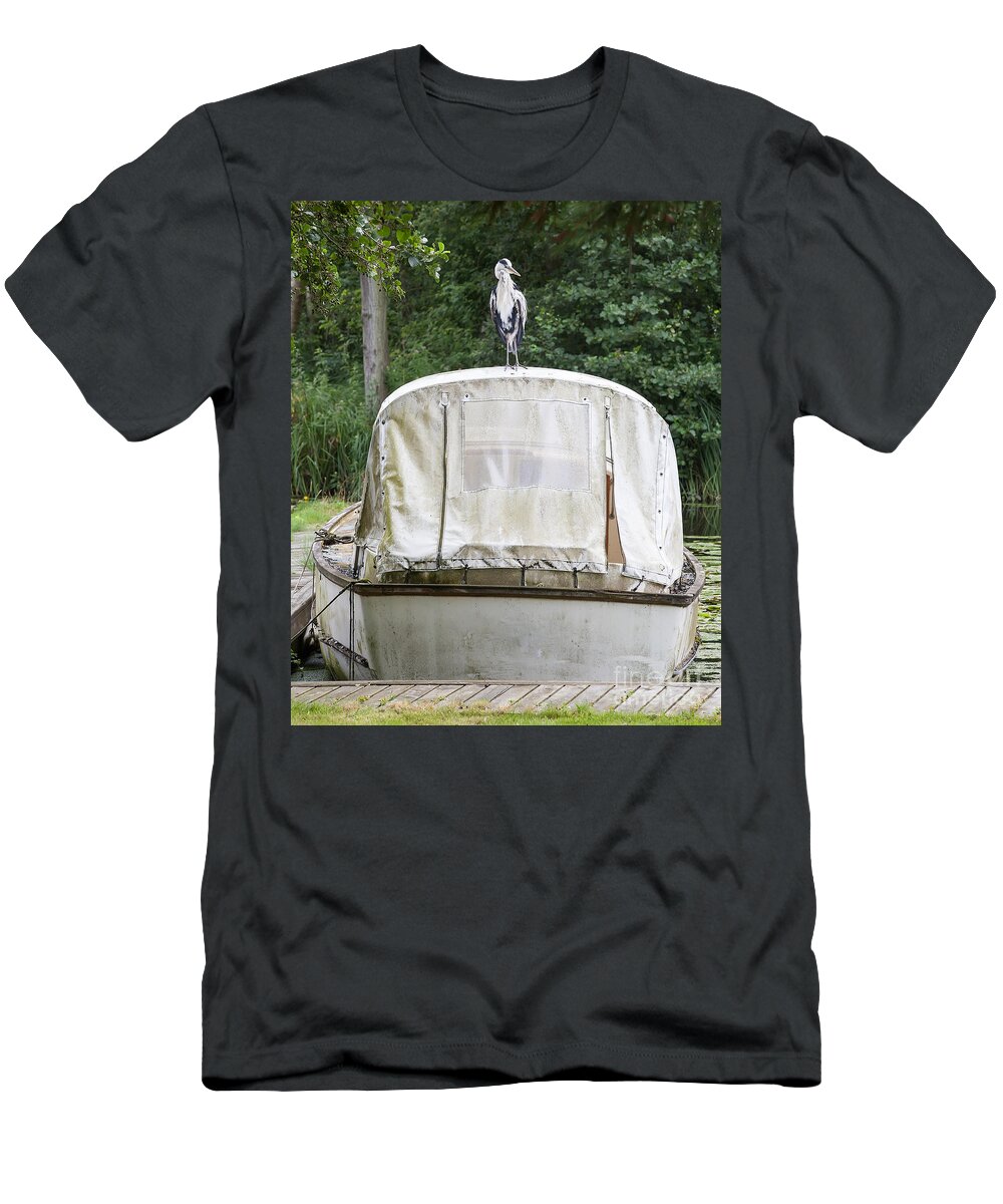 Heron T-Shirt featuring the photograph Heron perched on boat by Simon Bratt