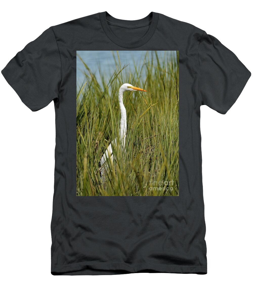 Egret T-Shirt featuring the photograph Hidden In The Marsh Grasses by Kathy Baccari
