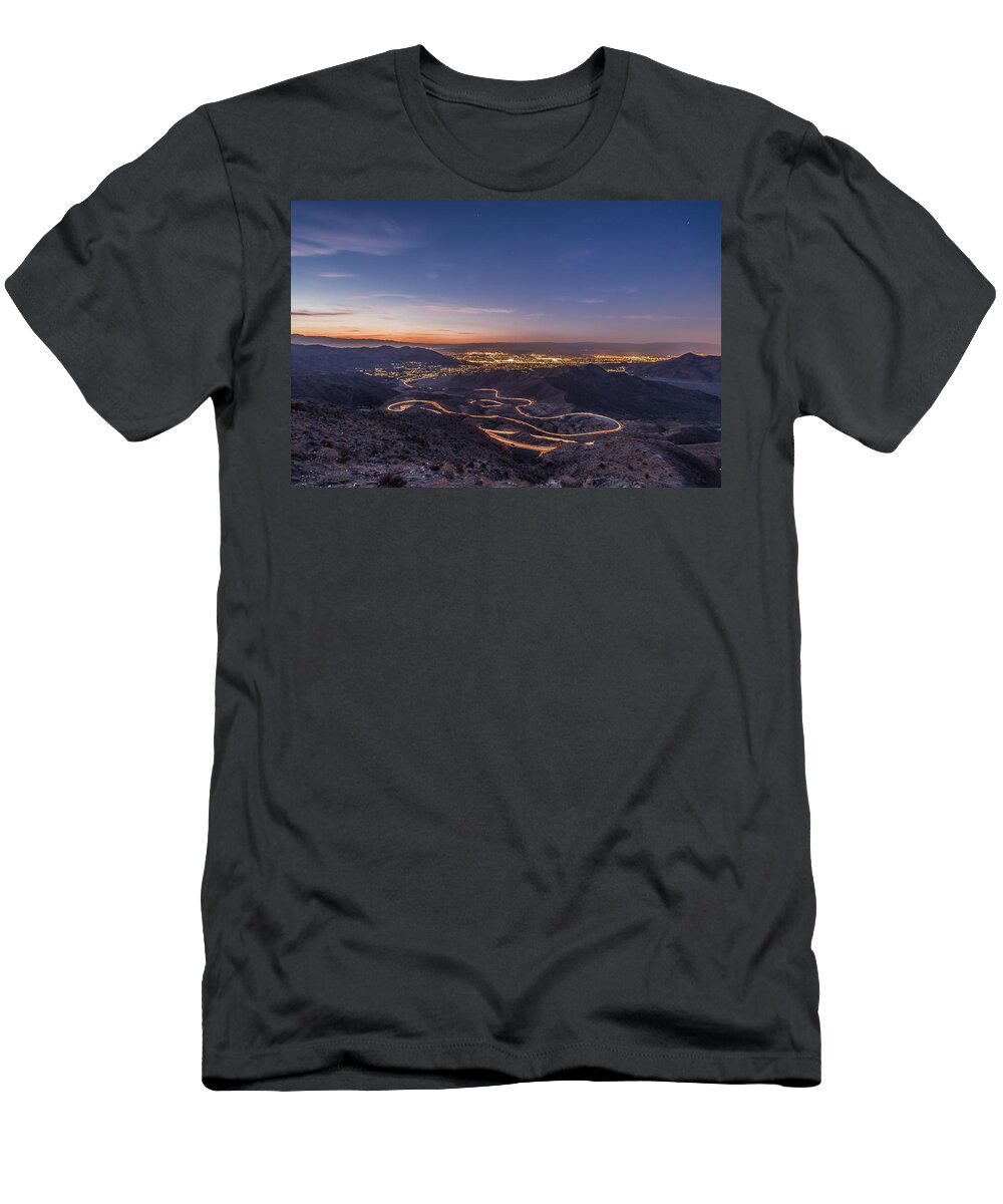 Winding Road T-Shirt featuring the photograph Highway 74 Vista Point Palm Desert Light Painting by Scott Campbell