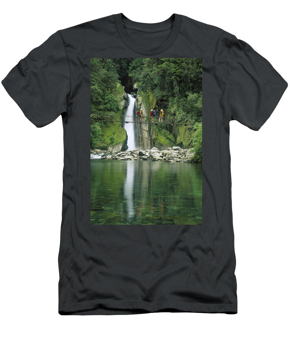 Feb0514 T-Shirt featuring the photograph Hikers On Bridge Giants Gates Falls by Colin Monteath