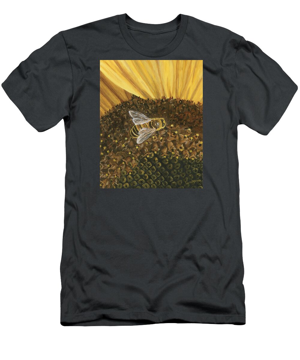 Honeybee T-Shirt featuring the painting Honeybee on Sunflower by Lucinda VanVleck