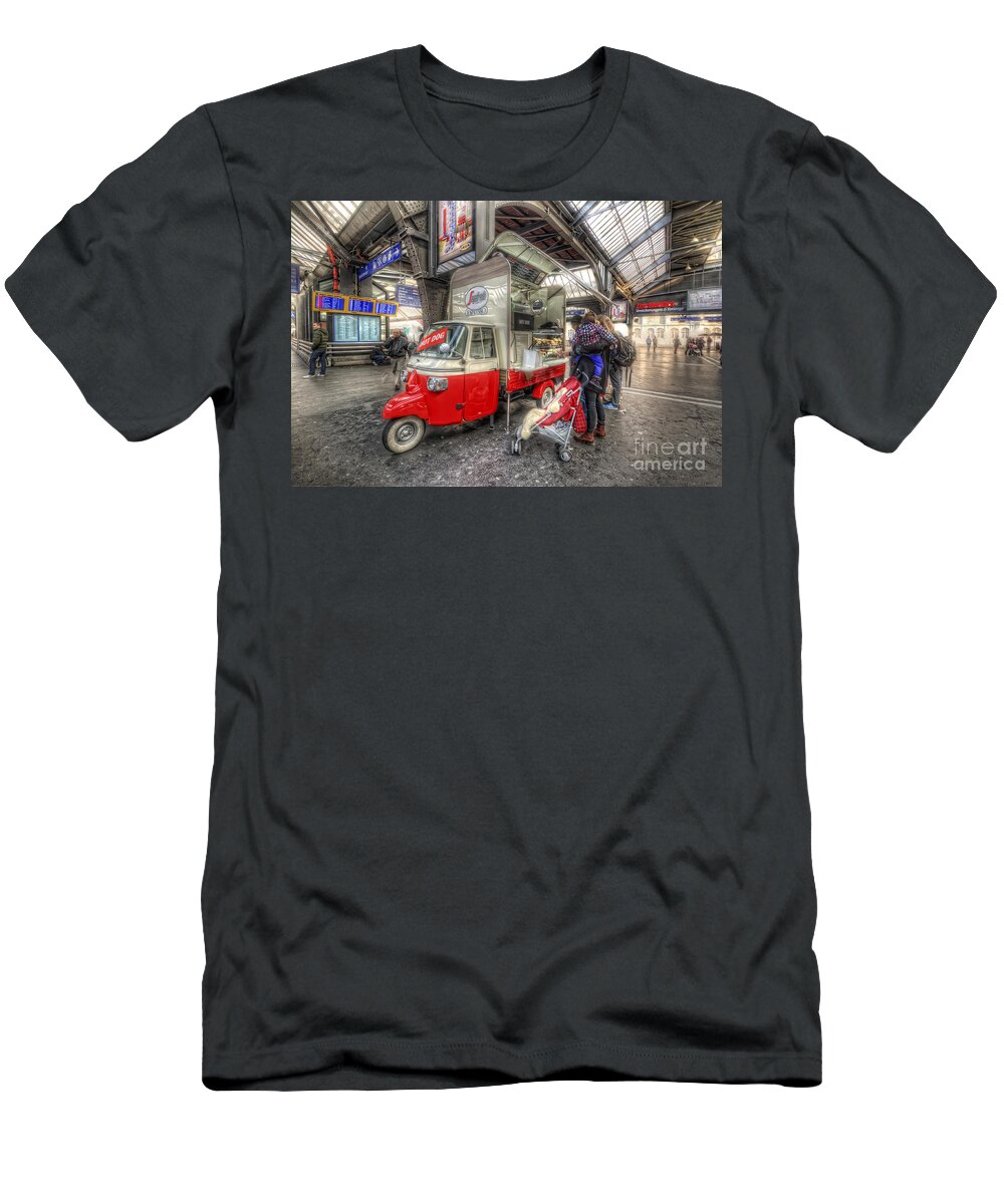 Yhun Suarez T-Shirt featuring the photograph Hotdog Stand at Hauptbahnhof by Yhun Suarez