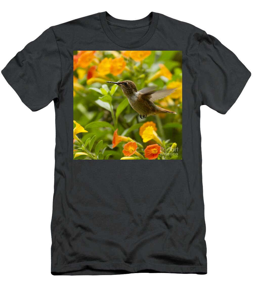 Bird T-Shirt featuring the photograph Hummingbird looking for food by Heiko Koehrer-Wagner