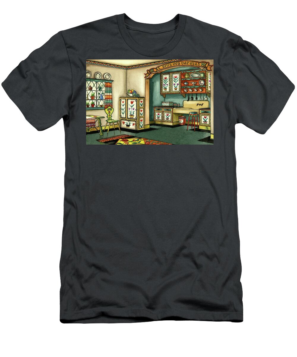 Dining Room T-Shirt featuring the digital art Illustration Of A Colorful Swedish Kitchen by Laurence Guetthoff