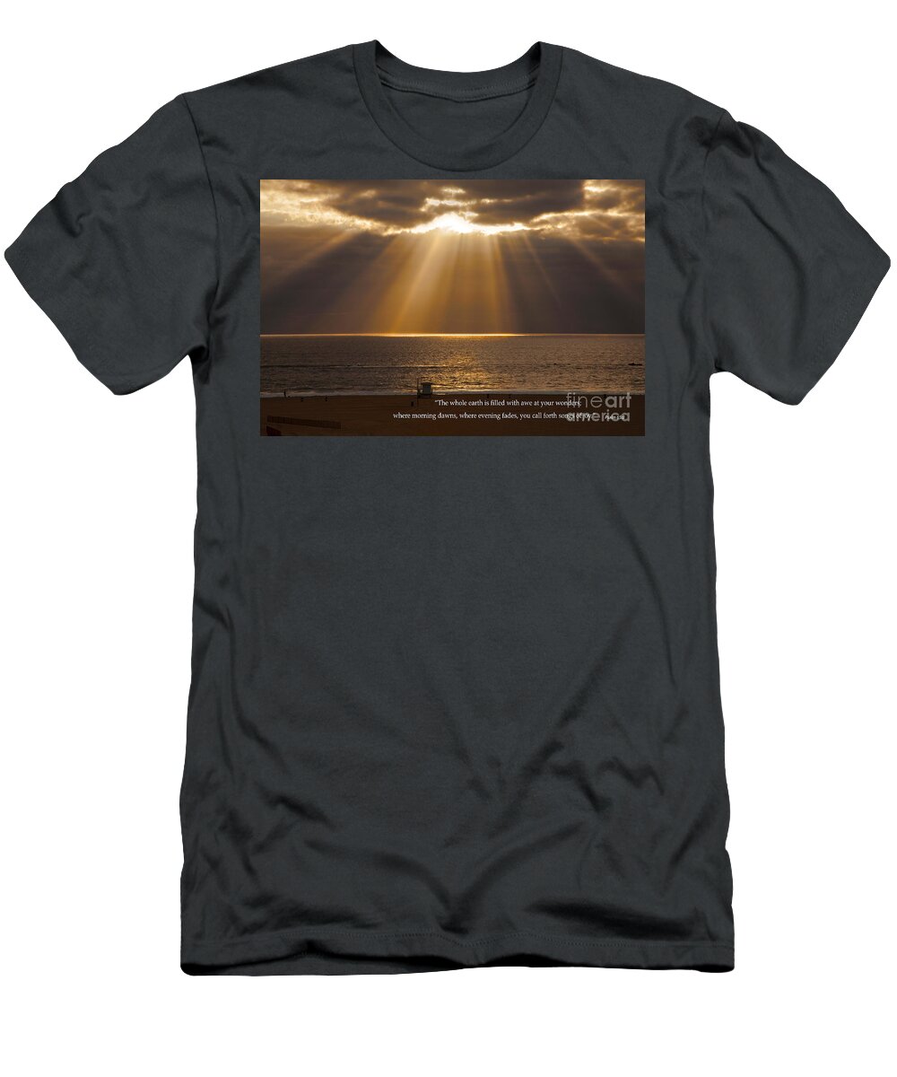Inspirational Sun Rays Over Calm Ocean Clouds Bible Verse Print T-Shirt featuring the photograph Inspirational Sun Rays Over Calm Ocean Clouds Bible Verse Photograph by Jerry Cowart