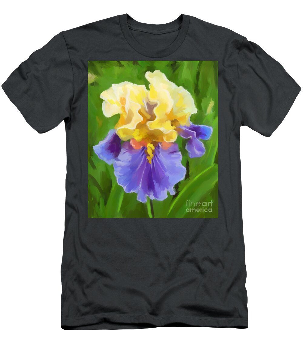 Iris Yellow And Purple T-Shirt featuring the painting Iris-Yellow And Purple by Tim Gilliland