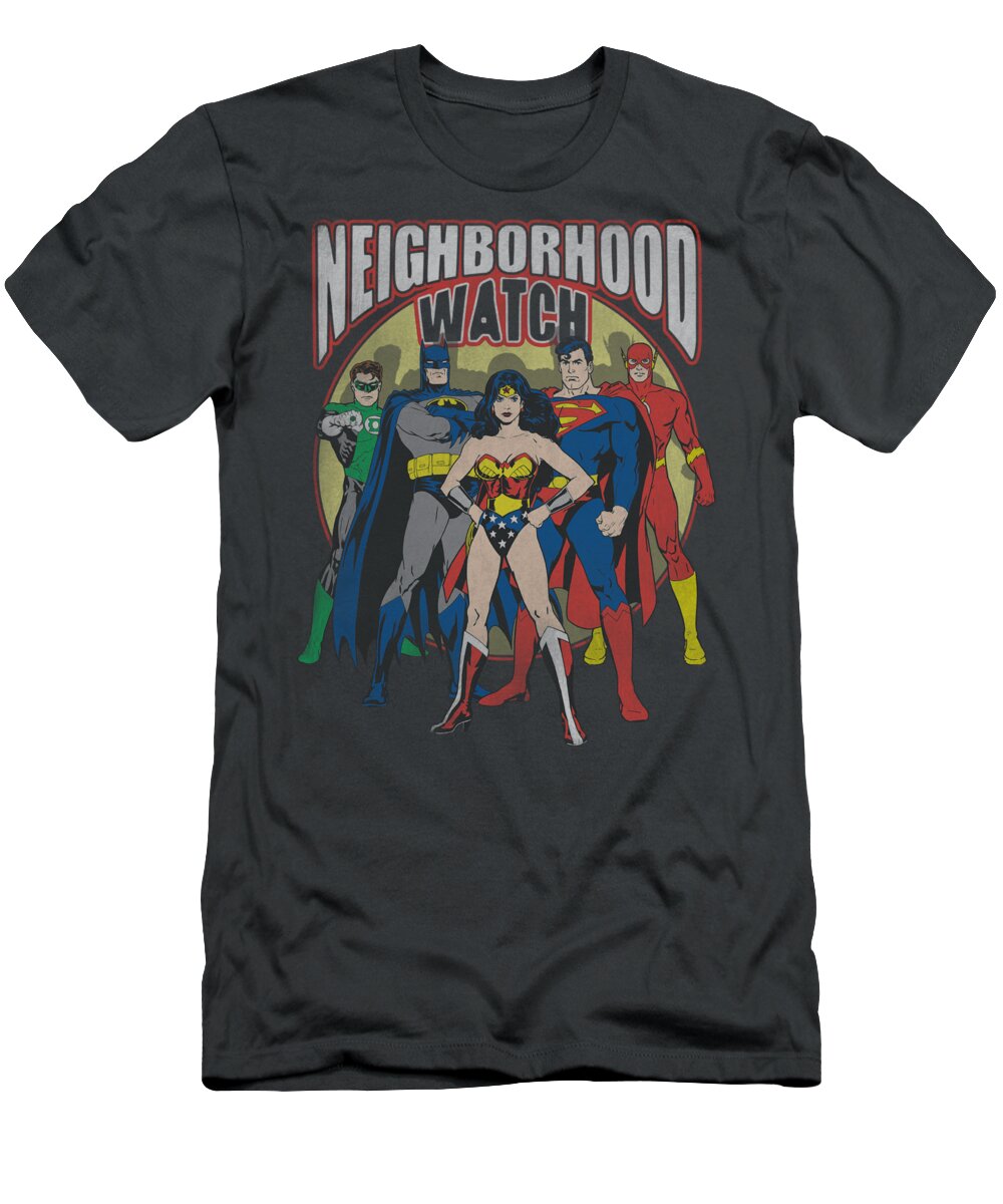 Justice League Of America T-Shirt featuring the digital art Jla - Neighborhood Watch by Brand A