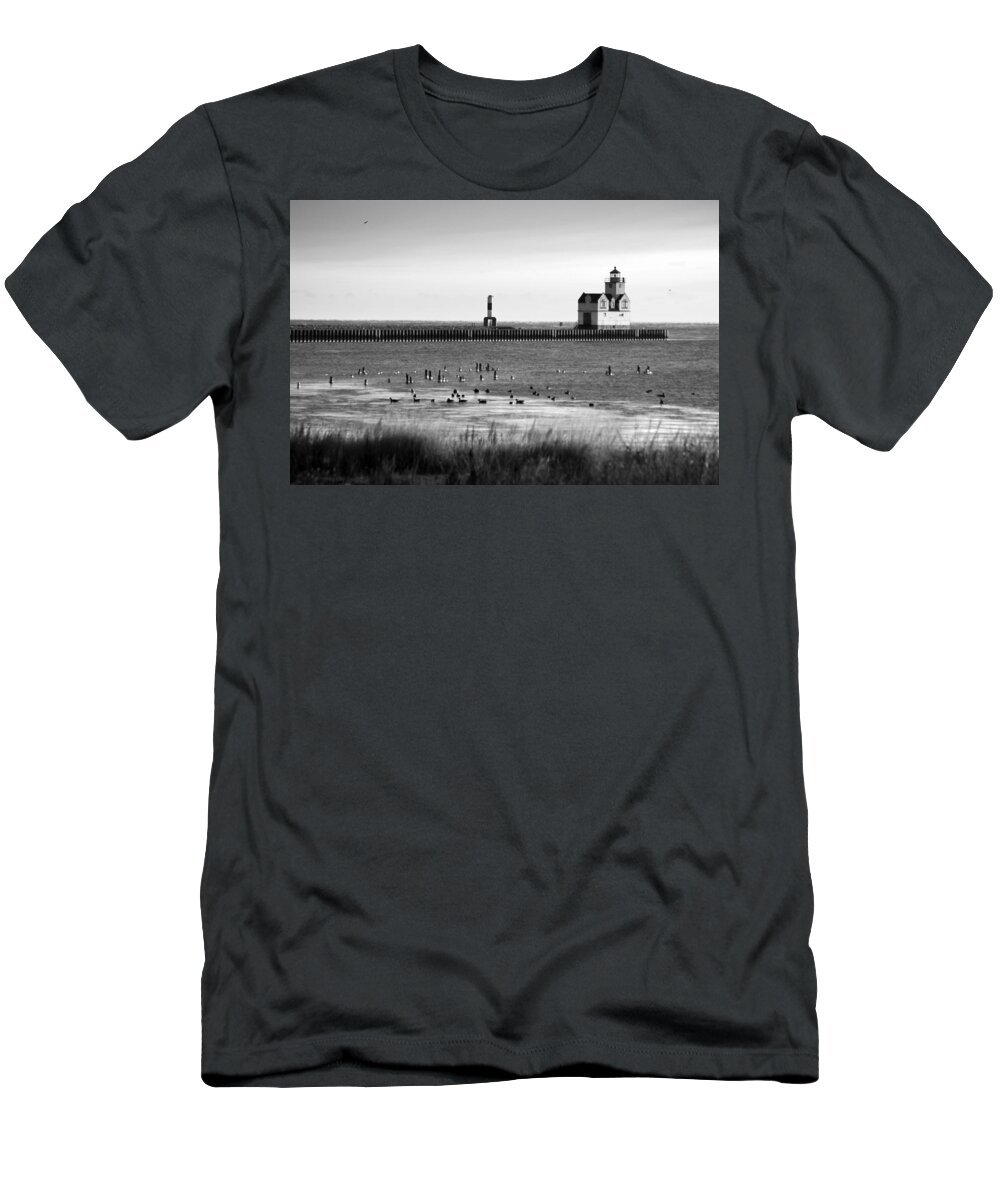 Lighthouse T-Shirt featuring the photograph Kewaunee Lighthouse in BandW by Bill Pevlor