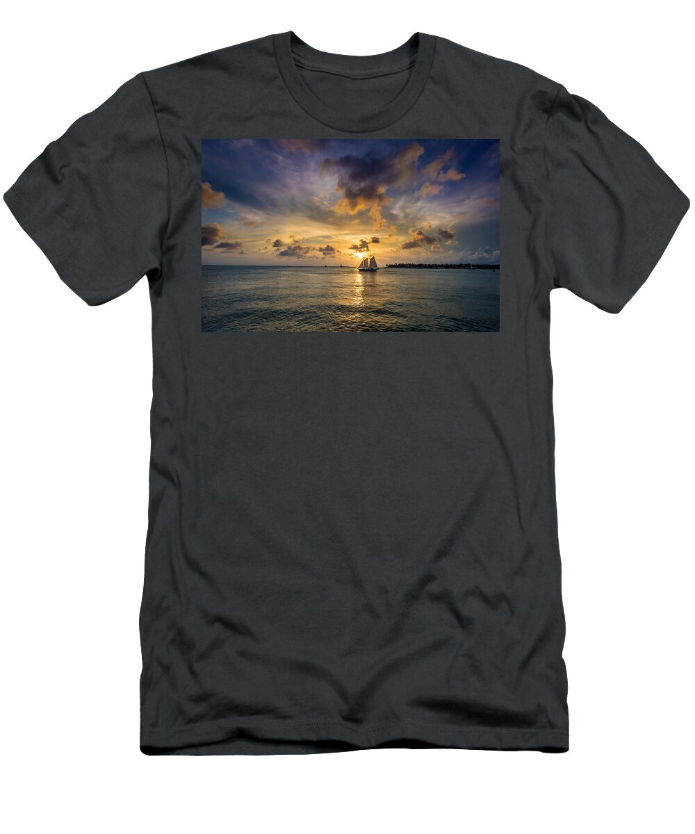 Key T-Shirt featuring the photograph Key West Florida Sunset and Sailboat Mallory Square by Robert Bellomy