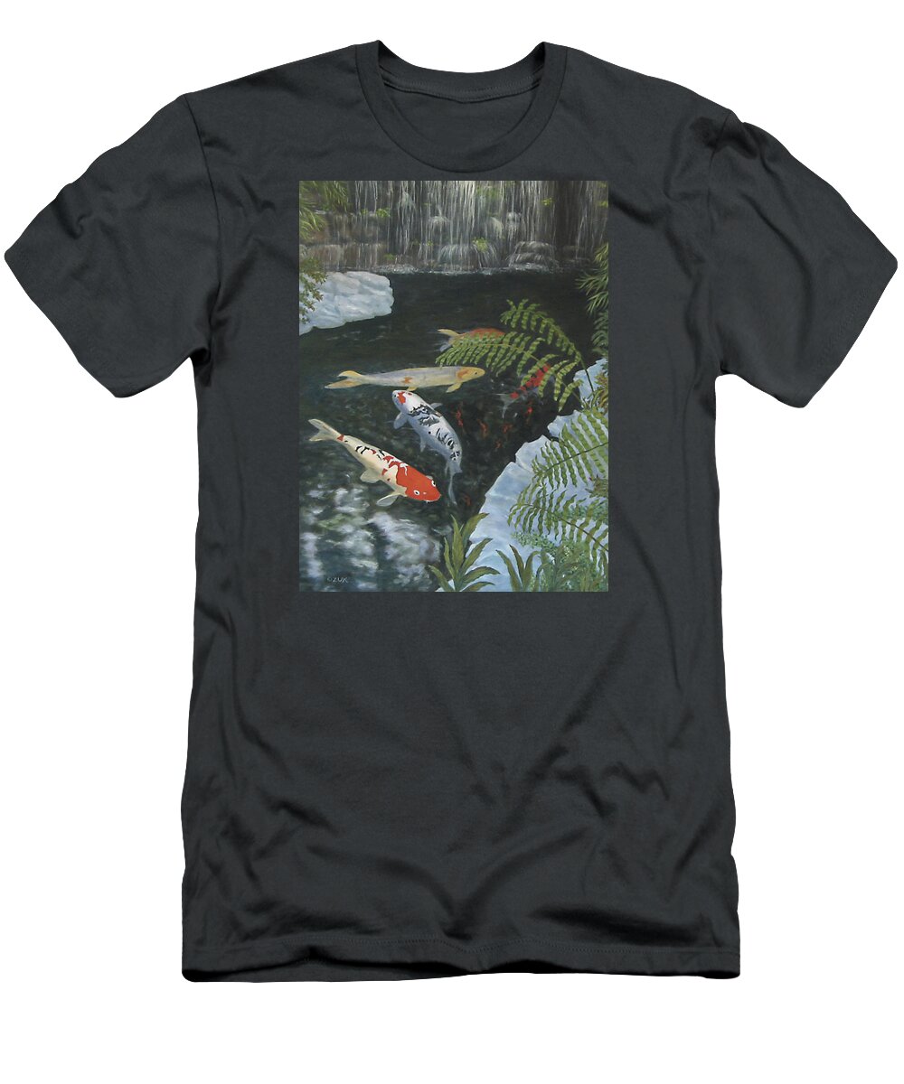 Karen Zuk Rosenblatt Art And Photography T-Shirt featuring the painting Koi fish by Karen Zuk Rosenblatt