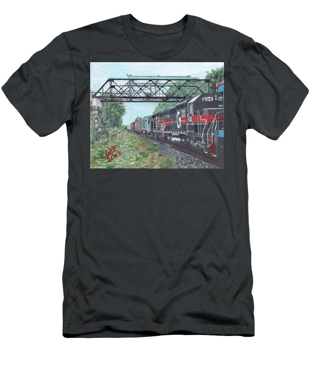 Trains T-Shirt featuring the painting Last Train Under the Bridge by Cliff Wilson