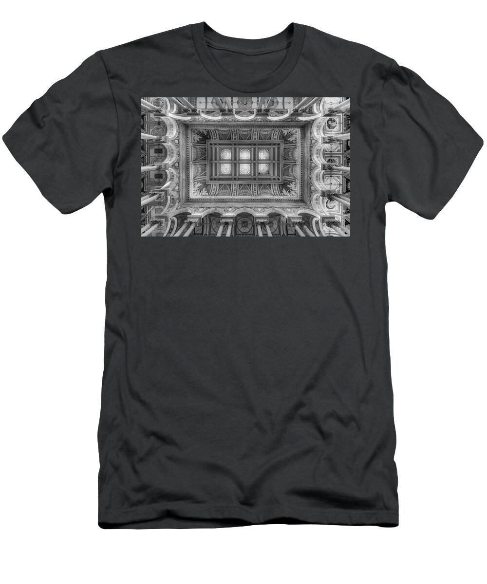 Beaux Arts T-Shirt featuring the photograph Library Of Congress Main Hall Ceiling BW by Susan Candelario