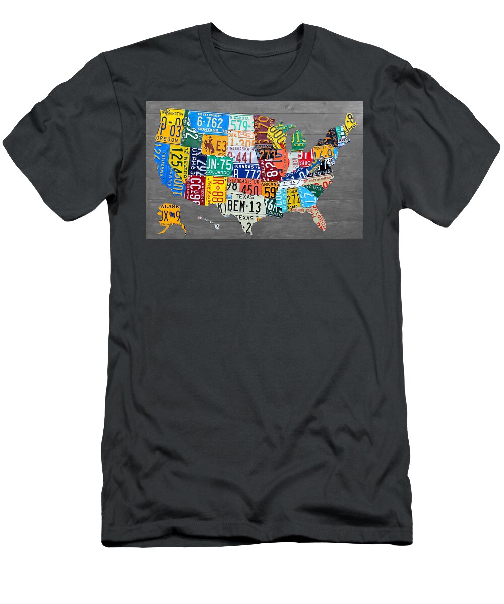 License Plate Map T-Shirt featuring the mixed media License Plate Map of The United States on Gray Wood Boards by Design Turnpike