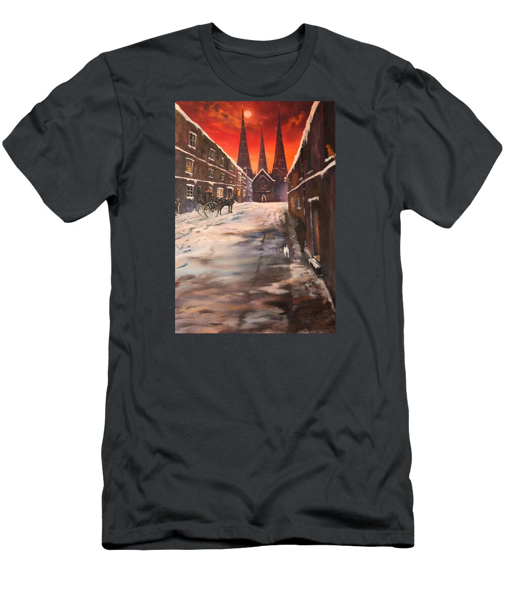 Lichfield Cathedral; Jean Walker T-Shirt featuring the painting Lichfield Cathedral a view from the close by Jean Walker