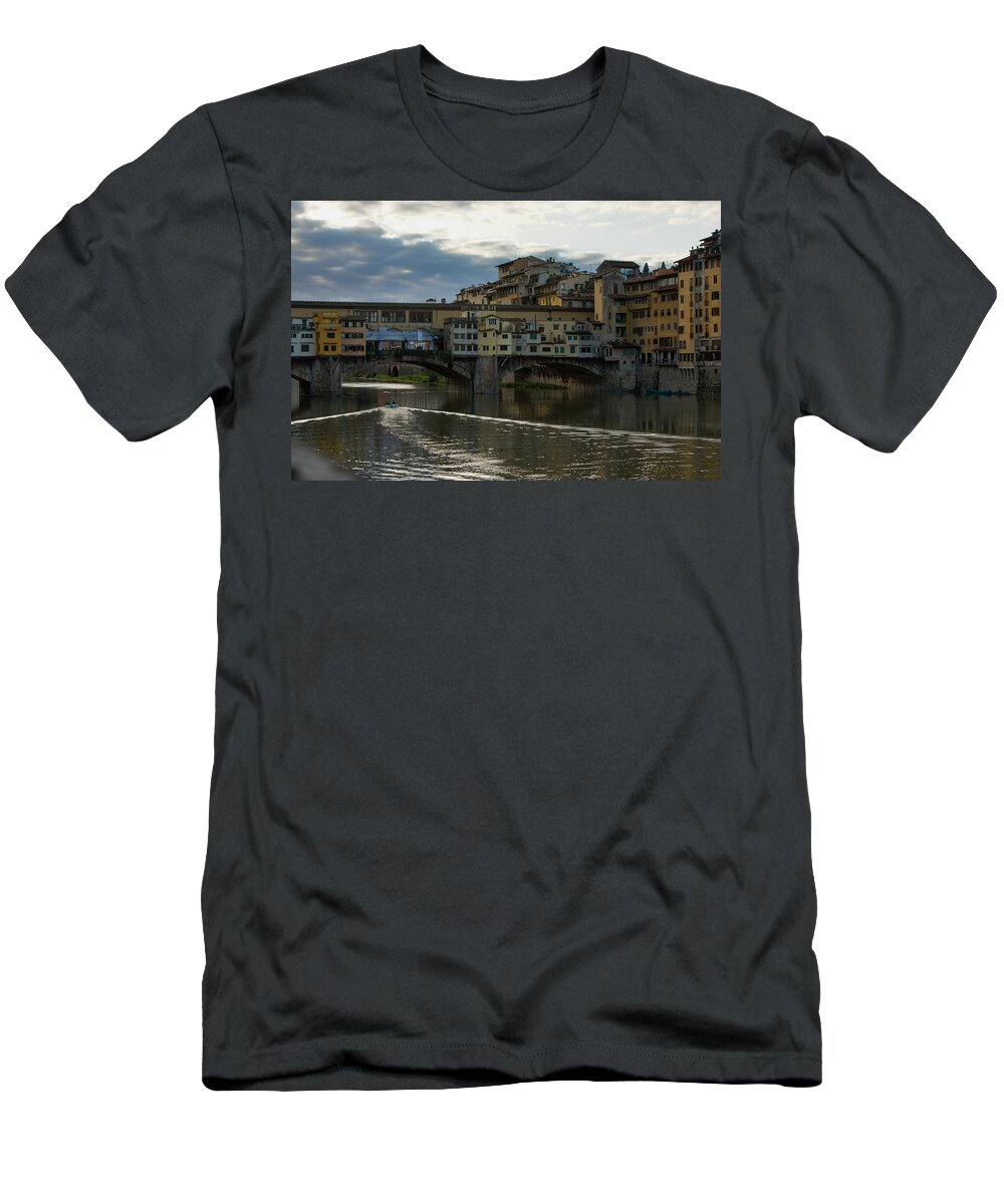Arno River T-Shirt featuring the photograph Light Trails Under Ponte Vecchio in Florence by Georgia Mizuleva