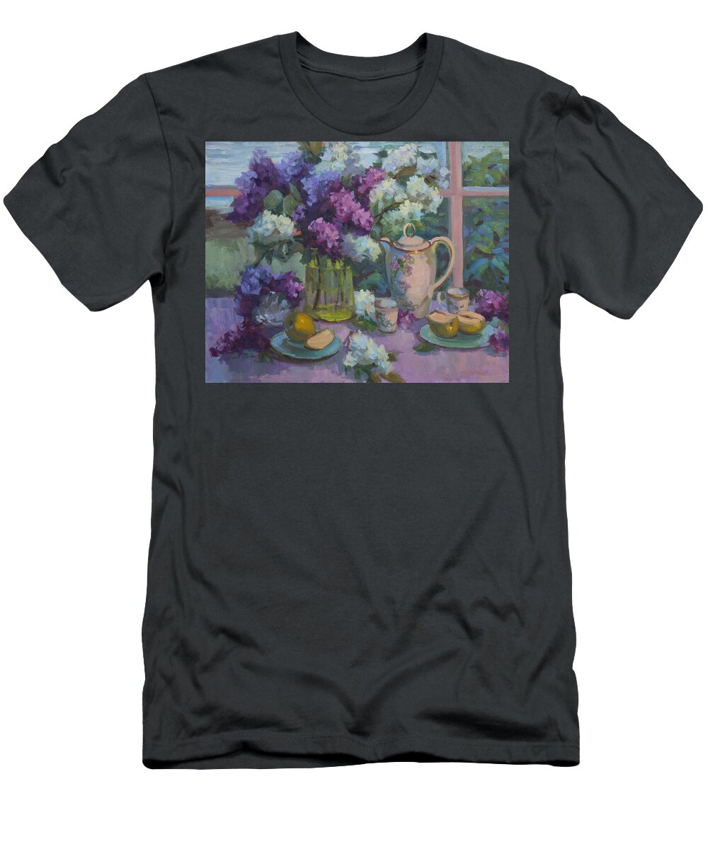 Lilacs T-Shirt featuring the painting Lilacs and Tea by Diane McClary