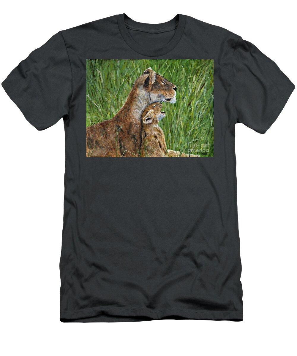 Kenya T-Shirt featuring the painting Lioness and Cub Painting by Timothy Hacker