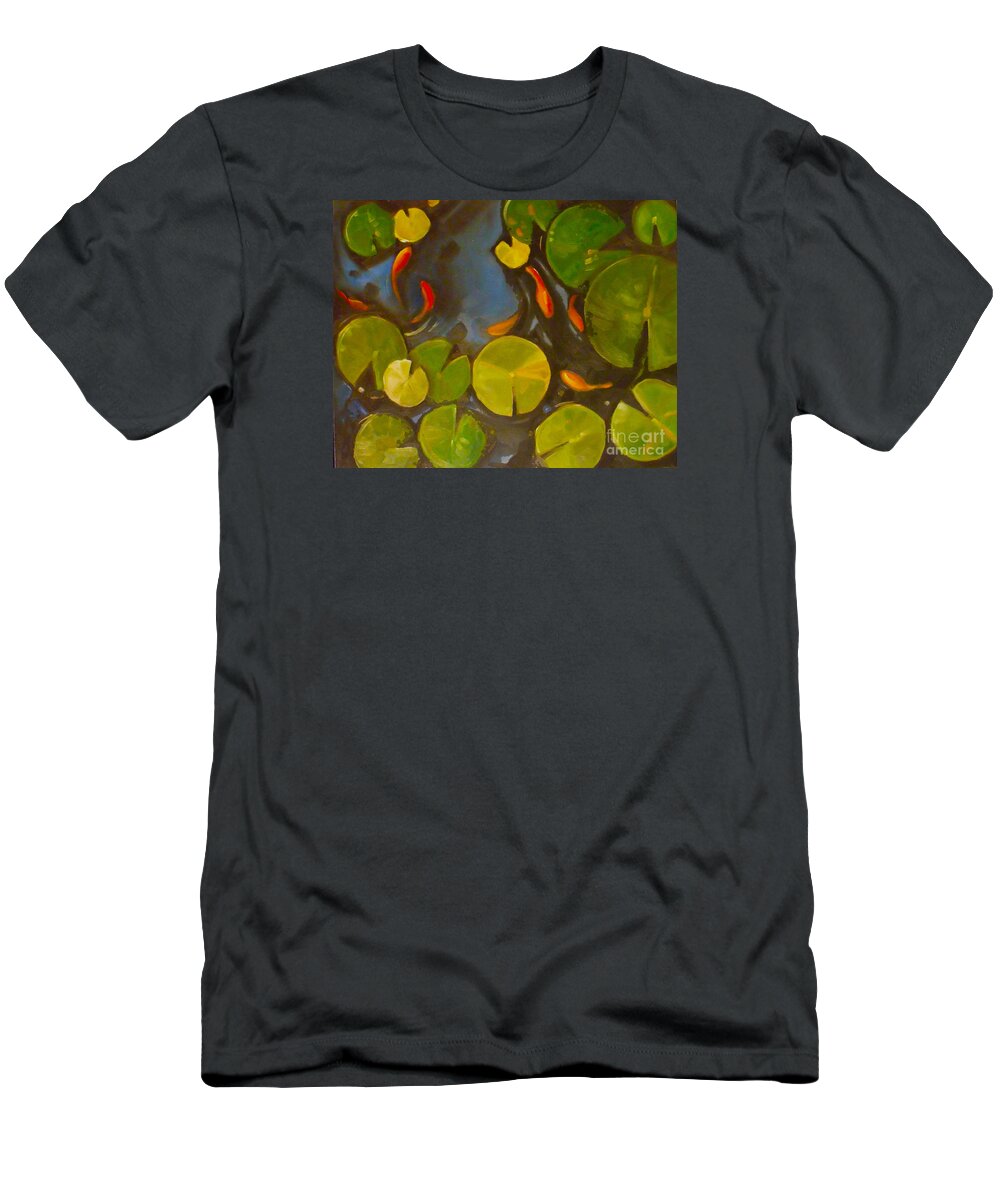 Koi T-Shirt featuring the painting Little Fish koi goldfish pond by Mary Hubley