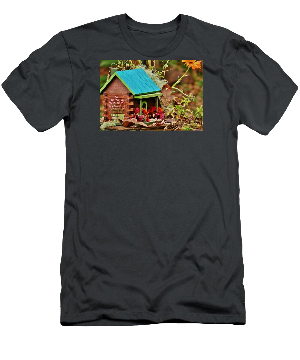 Birdhouse T-Shirt featuring the painting Log Cabin Birdhouse in Fall by VLee Watson