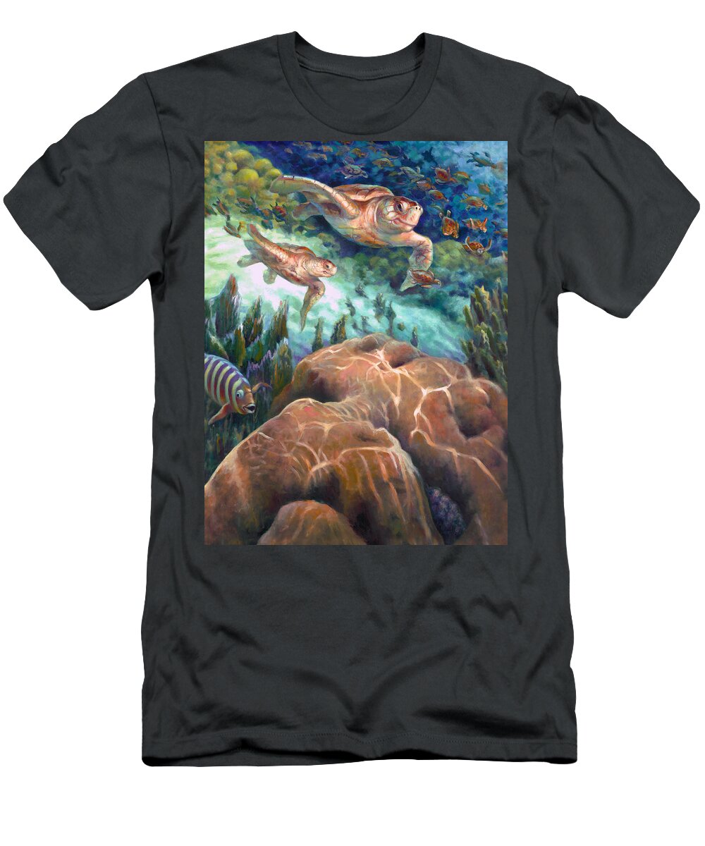 Turtle T-Shirt featuring the painting Loggerhead Sea Journey I by Nancy Tilles