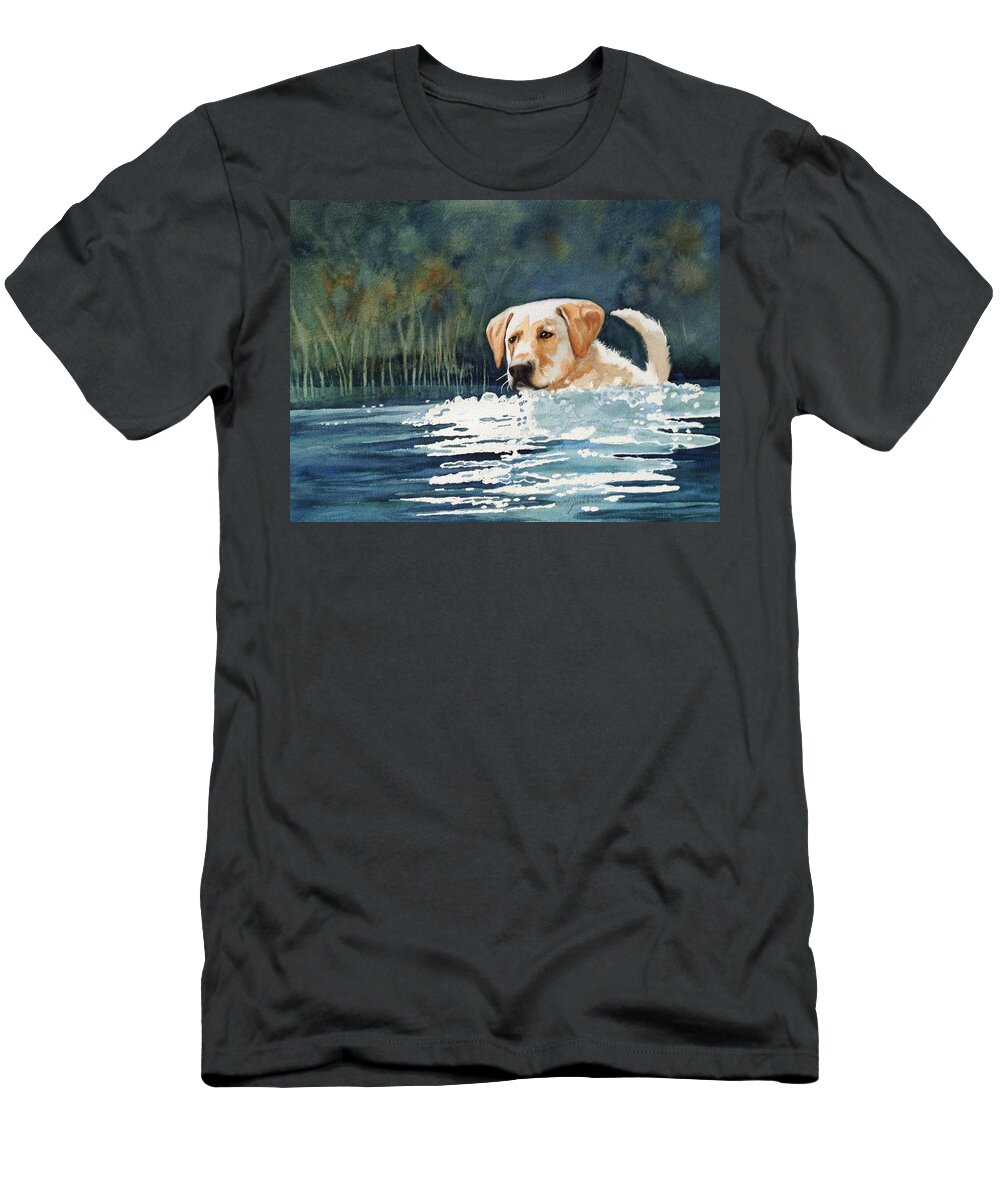 Golden Lab T-Shirt featuring the painting Loves the Water by Marilyn Jacobson