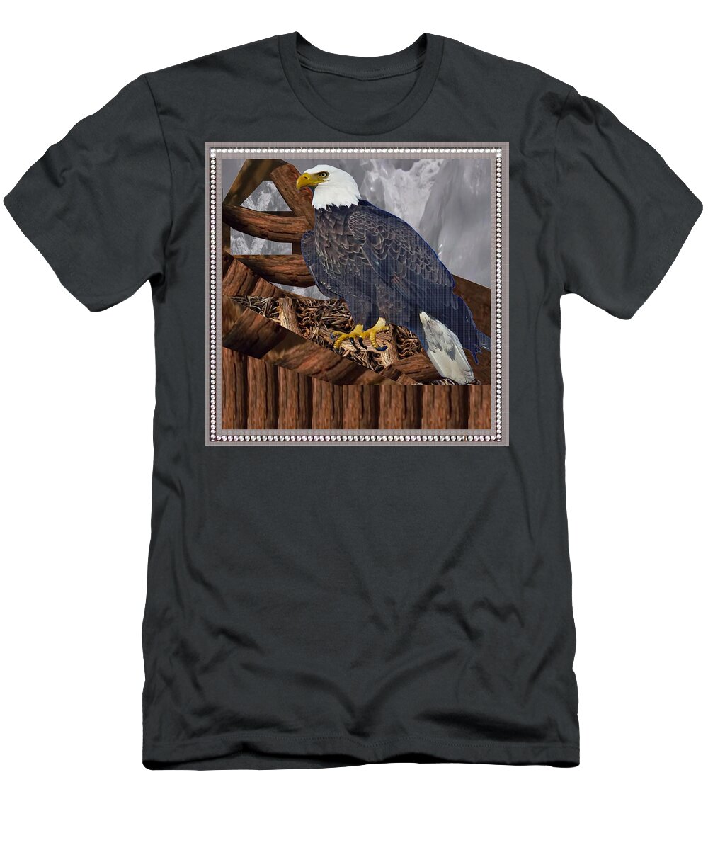 Majestic T-Shirt featuring the mixed media Majestic Eagle King of the Bird of Prey Decorated and border and nest provided by the Artist with m by Navin Joshi