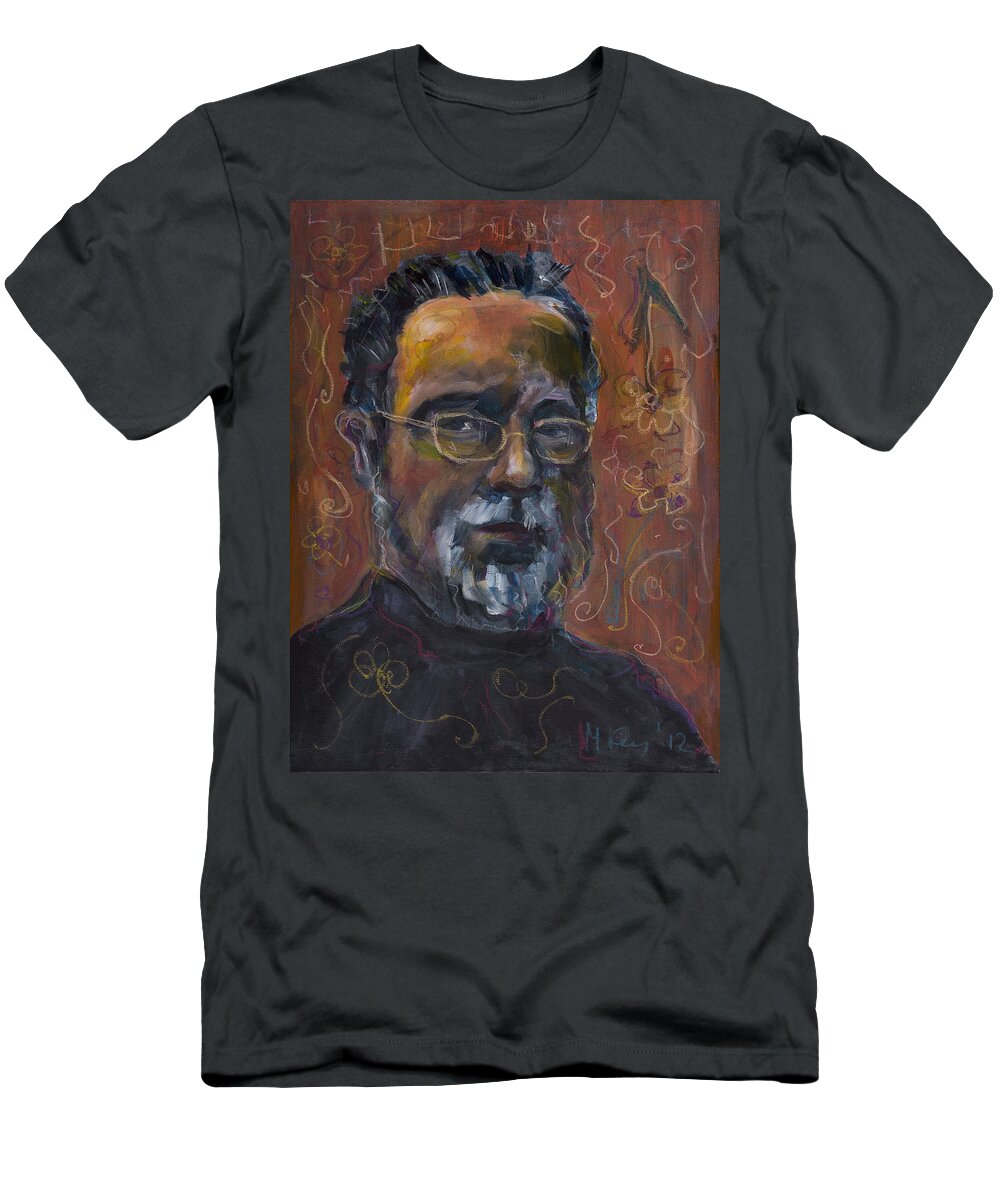 Portrait T-Shirt featuring the painting Man with flowers-self-portrait by Maxim Komissarchik