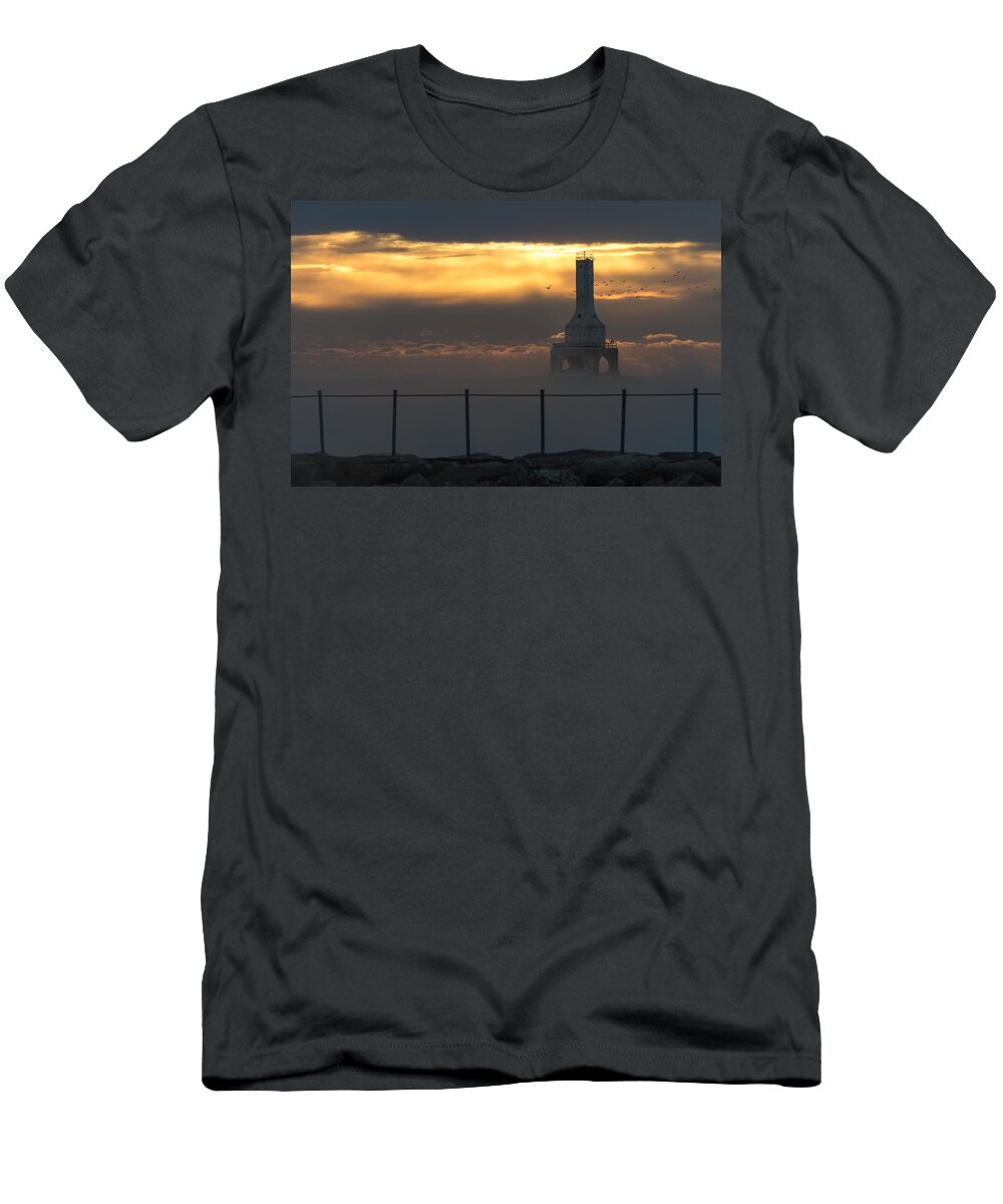  #cold #fog #foggy #icon #landscape #lighthouse #maritime #mist #mood #moody #navigation #sailing #seagull #seascape #sunrise #view T-Shirt featuring the photograph Many Moods by James Meyer