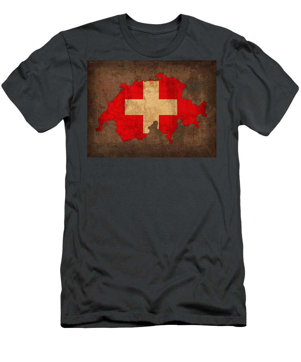 Map Of Switzerland With Flag Art On Distressed Worn Canvas T-Shirt featuring the mixed media Map of Switzerland With Flag Art on Distressed Worn Canvas by Design Turnpike