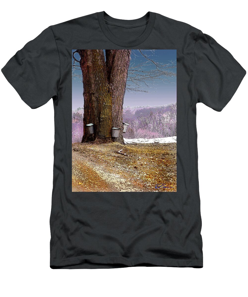 Landscape T-Shirt featuring the digital art Maple Buckets by Nancy Griswold