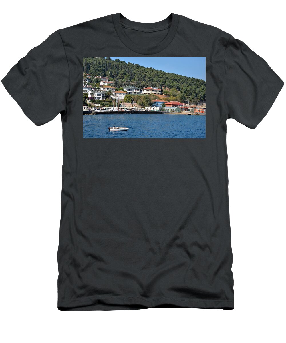 Islands T-Shirt featuring the photograph Marina bay scene with boat and houses on hills by Imran Ahmed