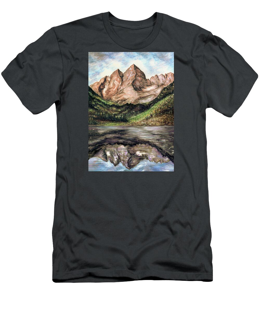Landscape T-Shirt featuring the painting Maroon Bells Colorado - Landscape Painting by Peter Potter