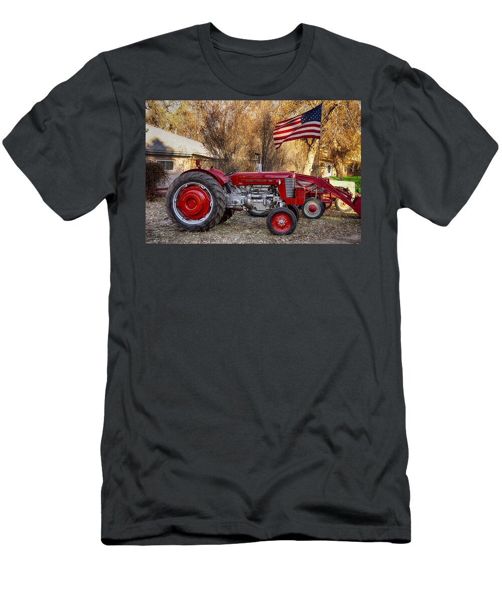 Tractor T-Shirt featuring the photograph Massey - Feaguson 65 Tractor with USA Flag by James BO Insogna