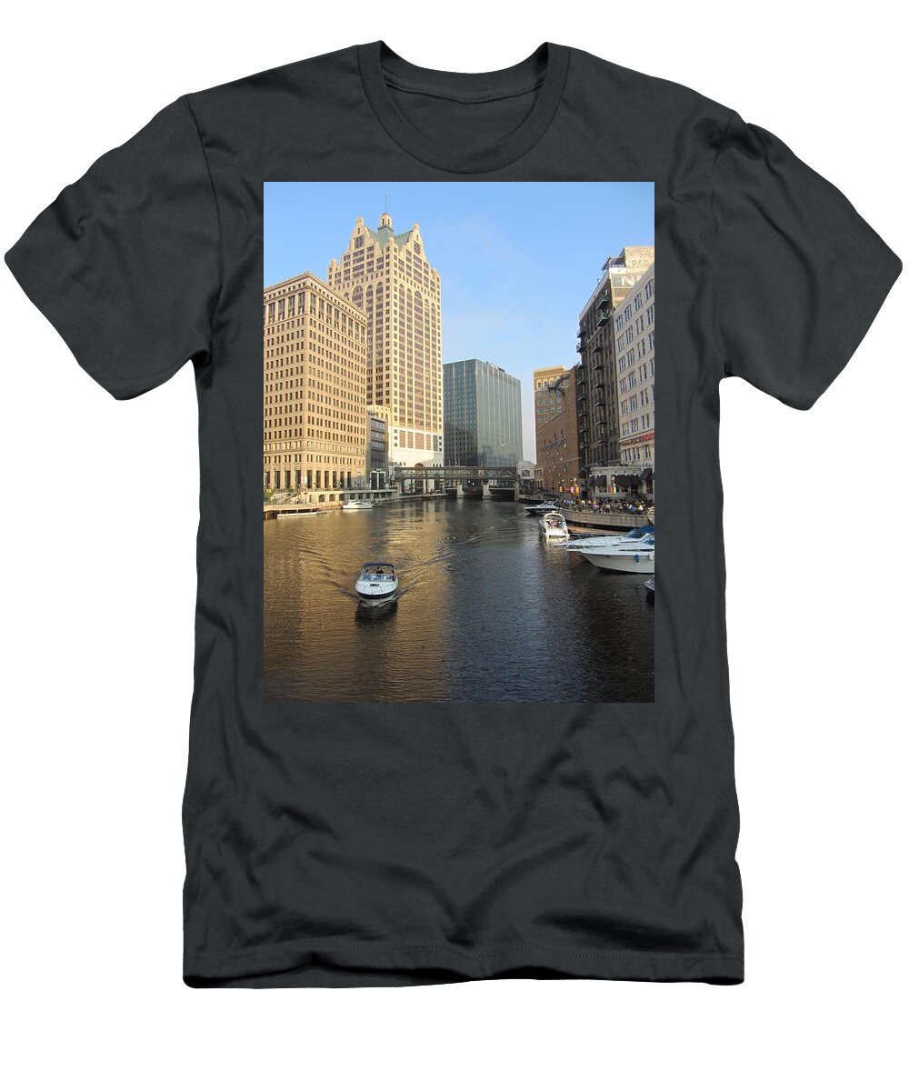 Milwaukee T-Shirt featuring the photograph Milwaukee River Theater District 3 by Anita Burgermeister
