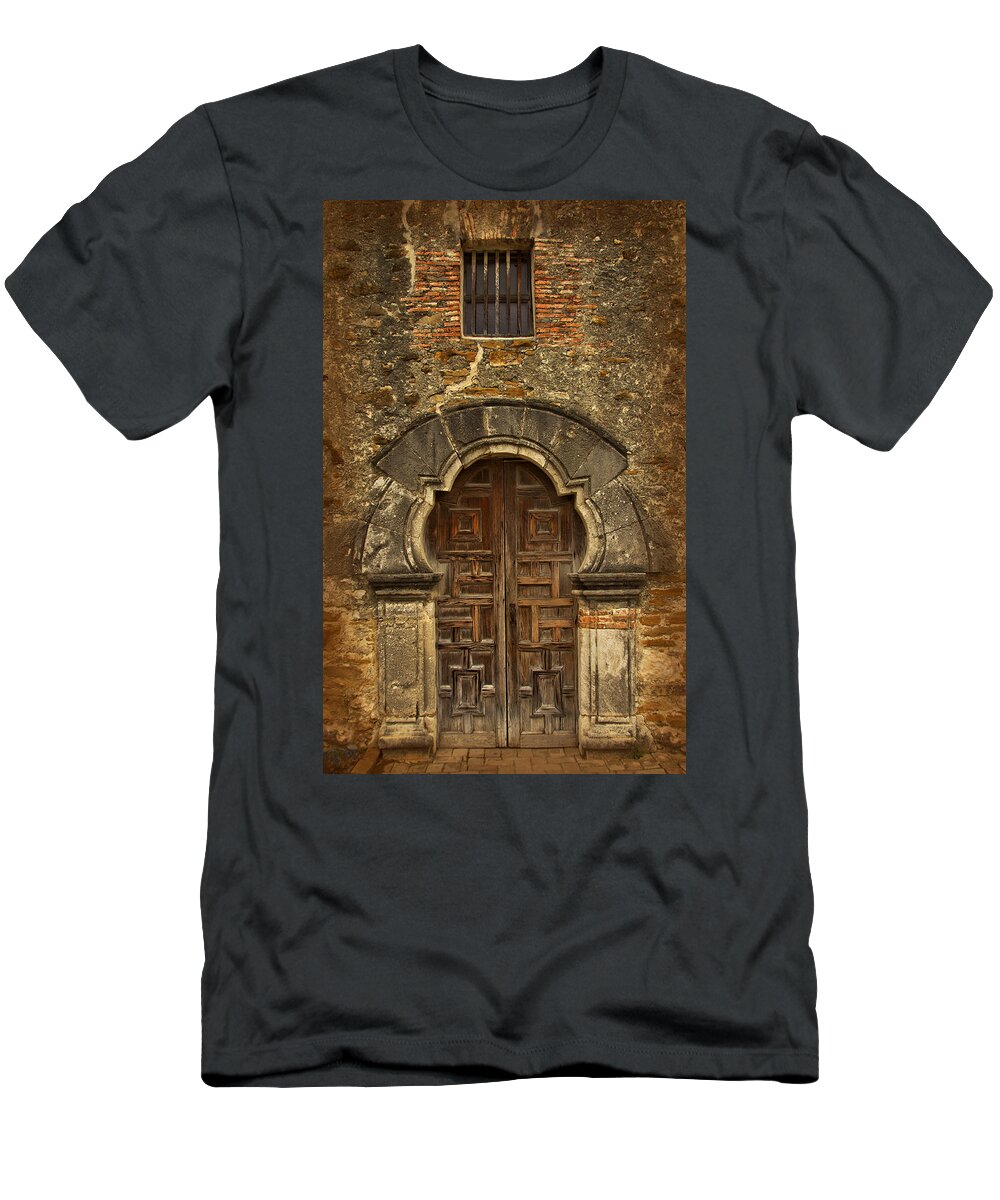 Mission Espada Doorway T-Shirt featuring the photograph Mission Espada Doorway by Jemmy Archer