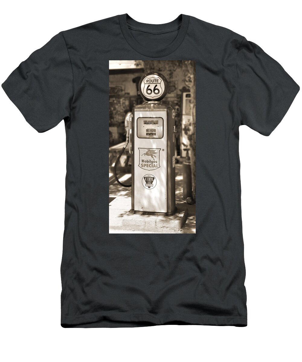 Route 66 T-Shirt featuring the photograph Mobilgas Special - Tokheim Pump - Sepia by Mike McGlothlen
