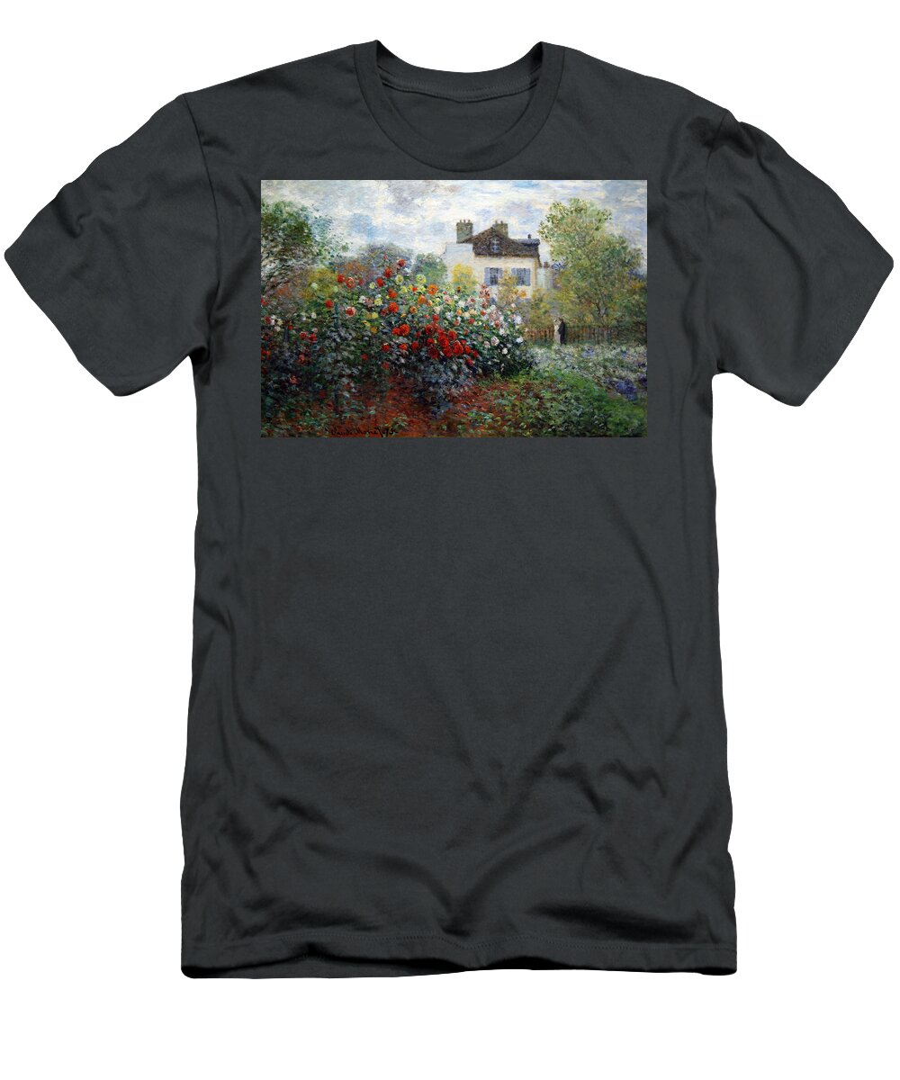 The Artist's Garden In Argenteuil T-Shirt featuring the photograph Monet's The Artist's Garden In Argenteuil -- A Corner Of The Garden With Dahlias by Cora Wandel