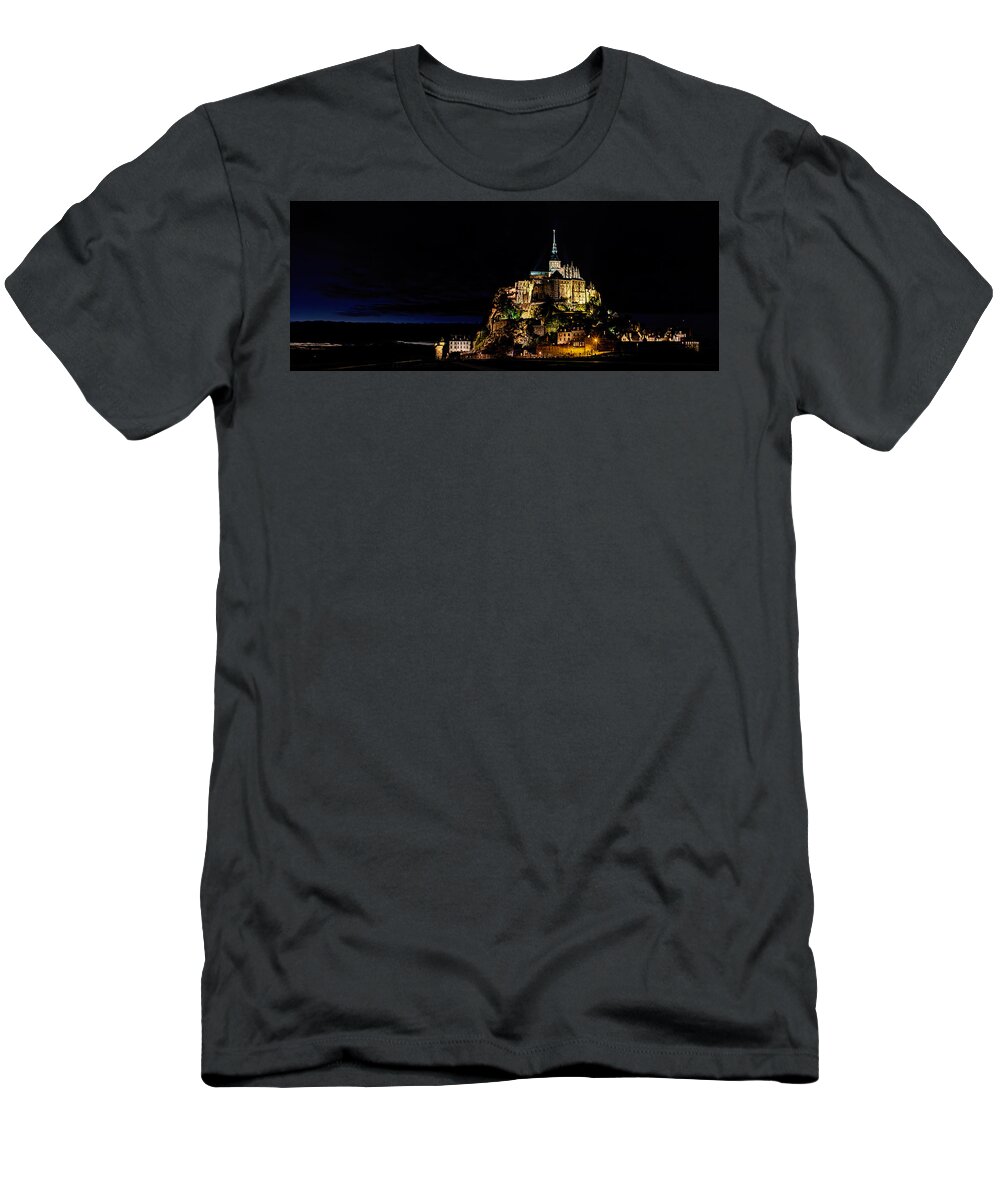 Mont Saint Michel T-Shirt featuring the photograph Mont Saint Michel at night panorama by Weston Westmoreland