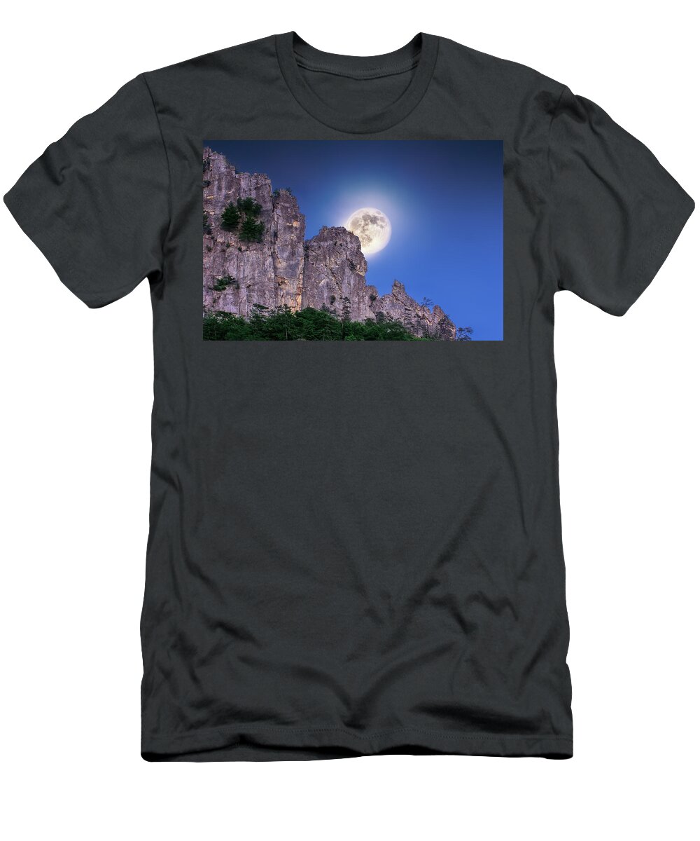 Seneca Rocsk T-Shirt featuring the photograph Moon over Seneca Rocks by Mary Almond