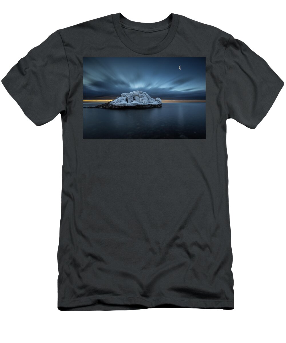 Awakening T-Shirt featuring the photograph Moonset before Sunrise the Lutsen Rock by Jakub Sisak