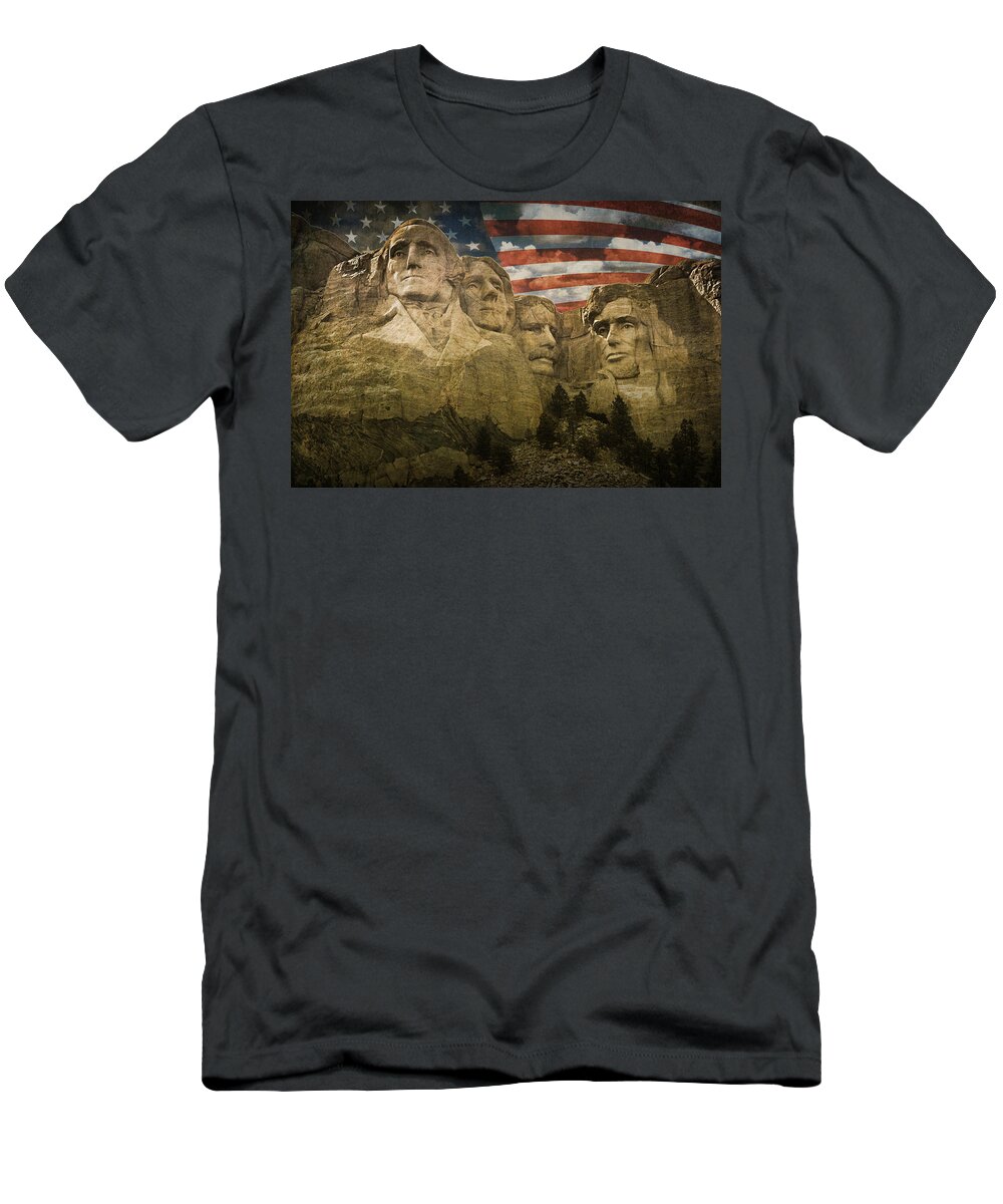 Sculpture T-Shirt featuring the photograph Mount Rushmore with the Stars and Stripes by Randall Nyhof