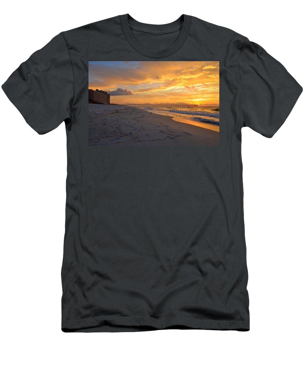 Navarre Pier T-Shirt featuring the photograph Navarre Pier and Navarre Beach Skyline at Sunrise with Gulls by Jeff at JSJ Photography