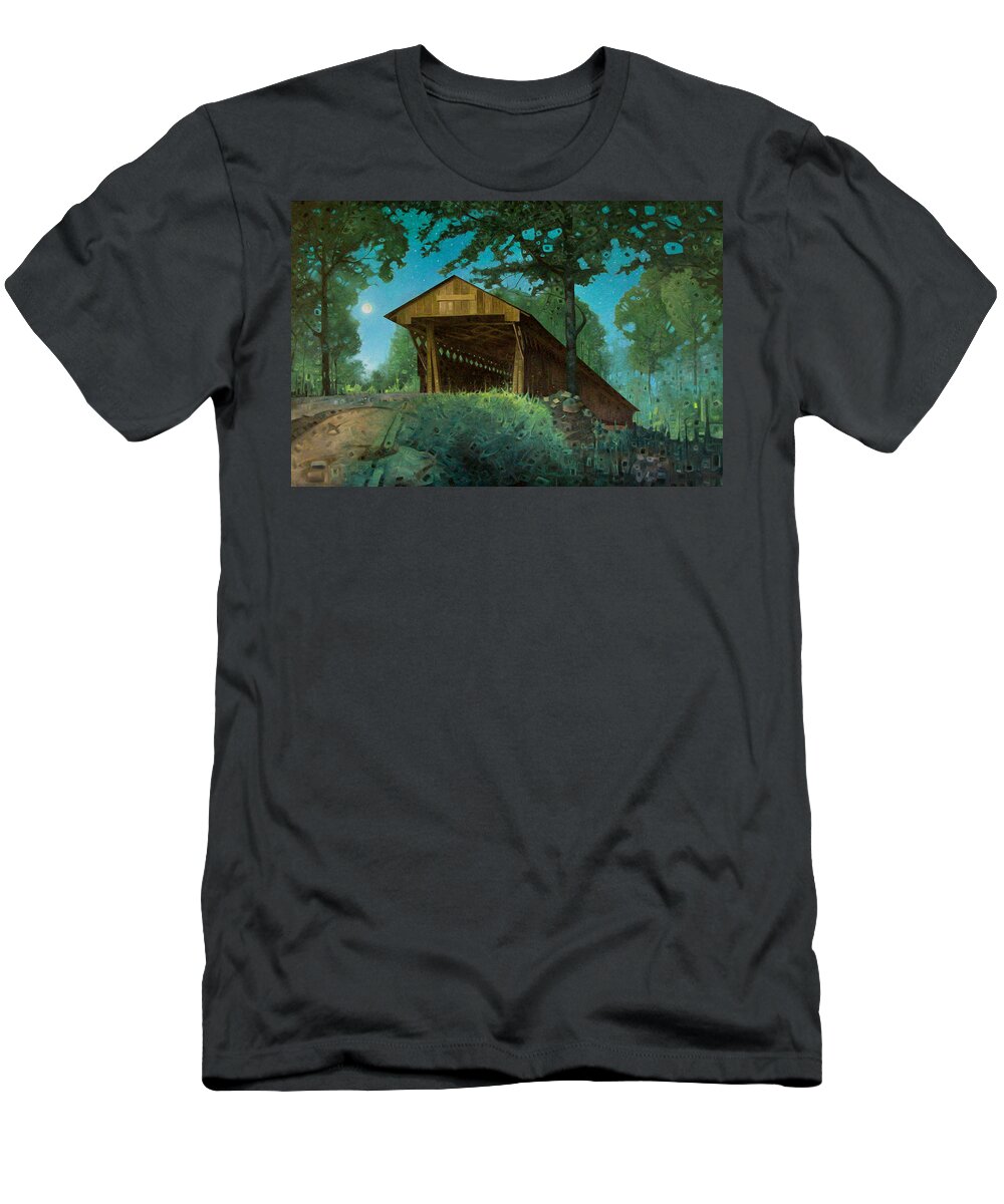 Nectar Alabama T-Shirt featuring the painting Nectar Covered Bridge in Moonlight by T S Carson