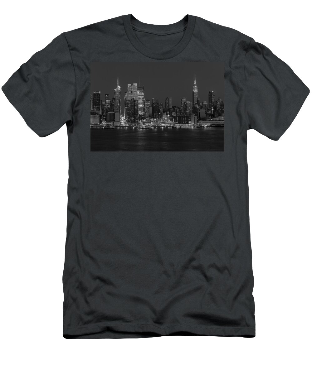 Empire State Building T-Shirt featuring the photograph New York City Skyline In Christmas Colors BW by Susan Candelario