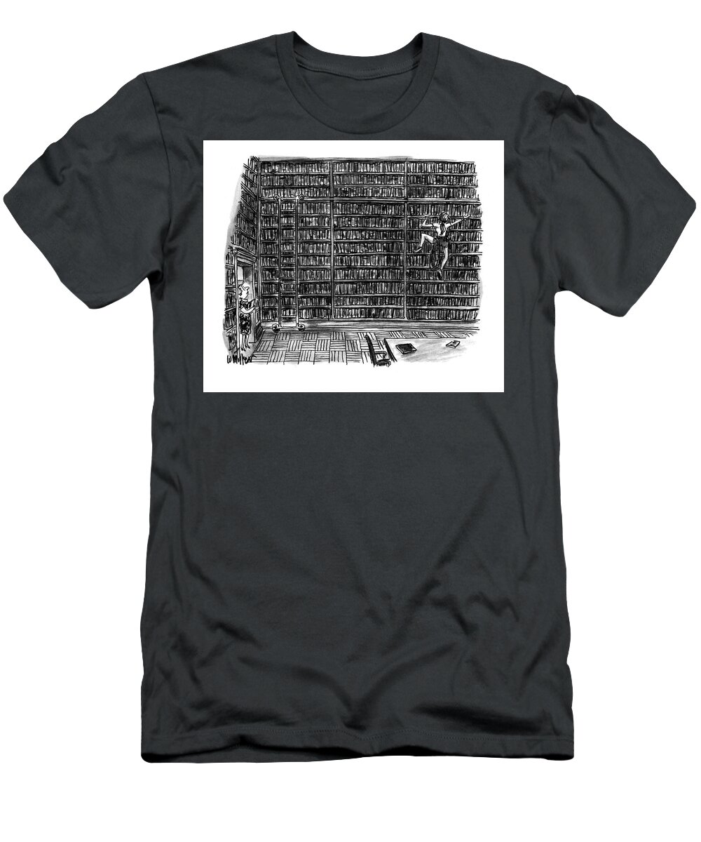 (a Librarian Watches As A Young Woman Climbs The Shelves Of The Library Without Using A Ladder.)
(huge Library Room T-Shirt featuring the drawing New Yorker October 10th, 1994 by Warren Miller