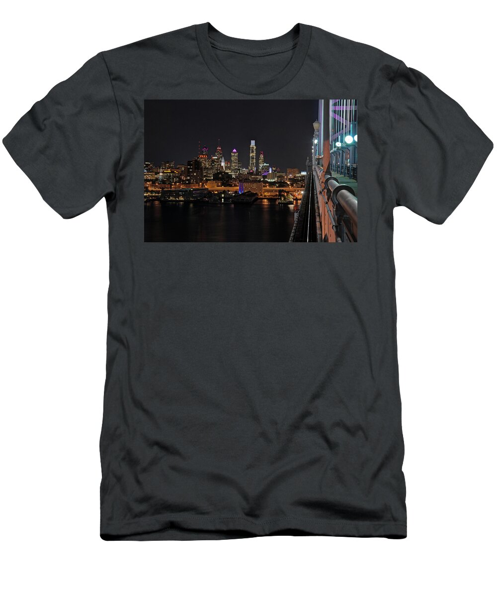 Philadelphia T-Shirt featuring the photograph Nighttime Philly from the Ben Franklin by Jennifer Ancker