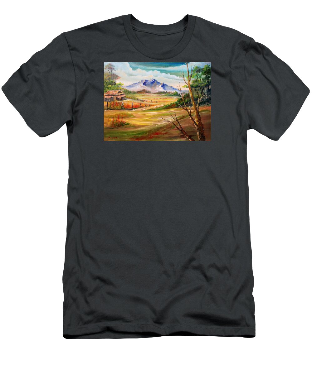 Landscape T-Shirt featuring the painting Nipa Hut 2 by Remegio Onia