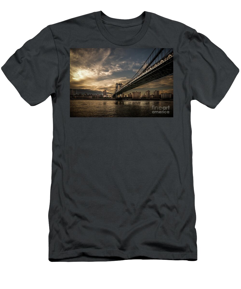 Nyc T-Shirt featuring the photograph NYC - Manhatten Bridge - HDR- sun by Hannes Cmarits