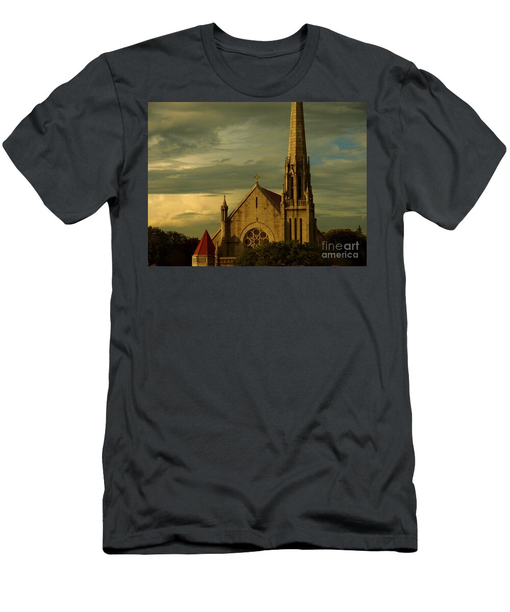 Old Church T-Shirt featuring the photograph Old Church with Dramatic Clouds and Sky at Sunset by Miriam Danar
