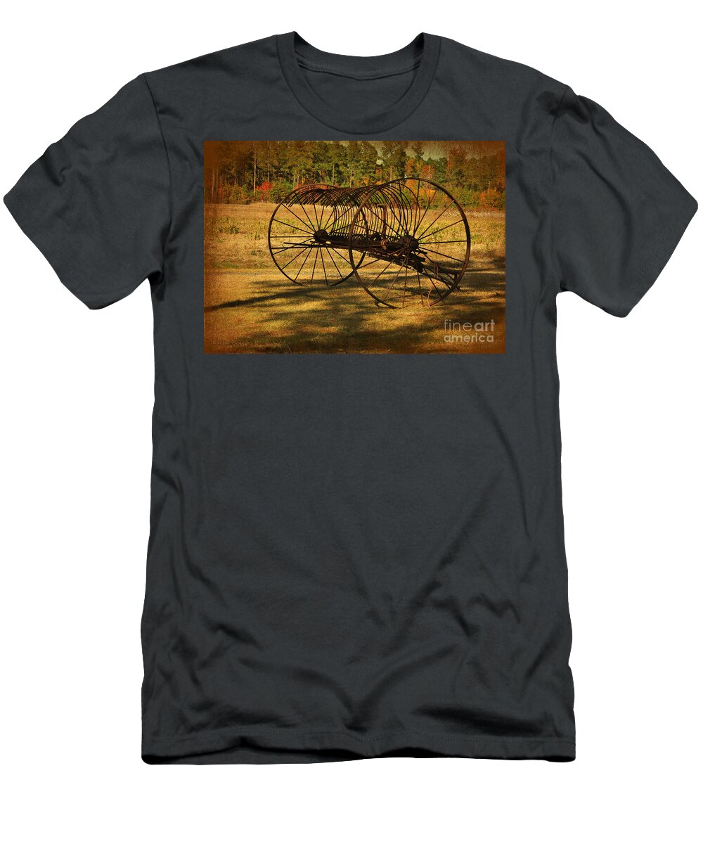 Hay Rake T-Shirt featuring the photograph Old Rusty Hay Rake by Kathy Baccari